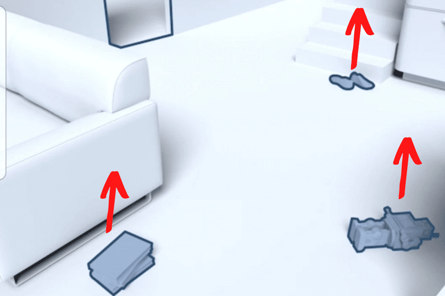 На полу лежат различные предметы, а стрелки показывают, что их нужно убрать перед уборкой 